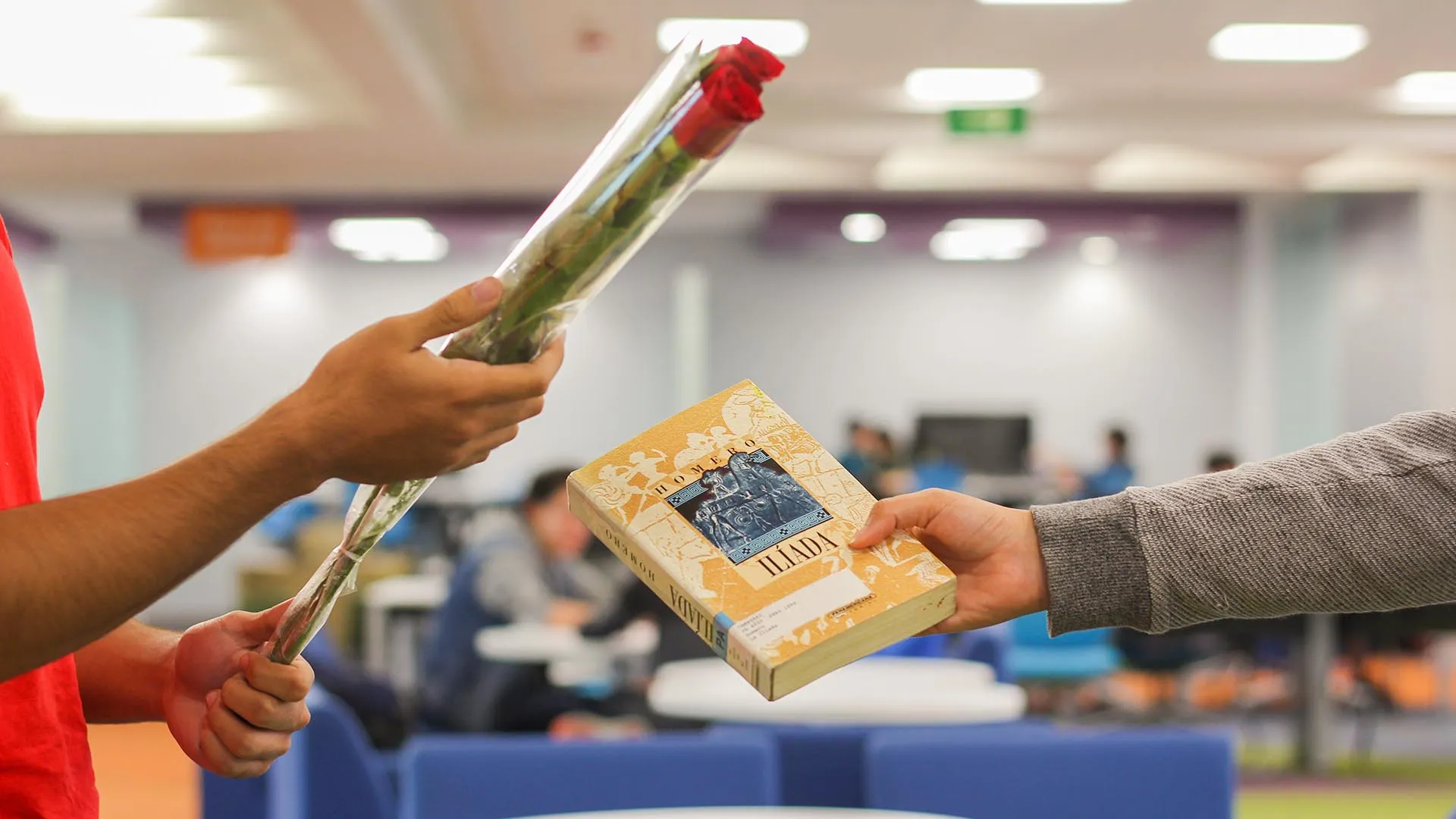 Un chico entregando una rosa y una chica entregando un libro
