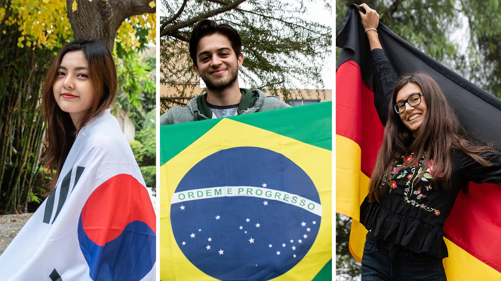 Suyeon, Paulo y Eleftheria con la bandera de su país