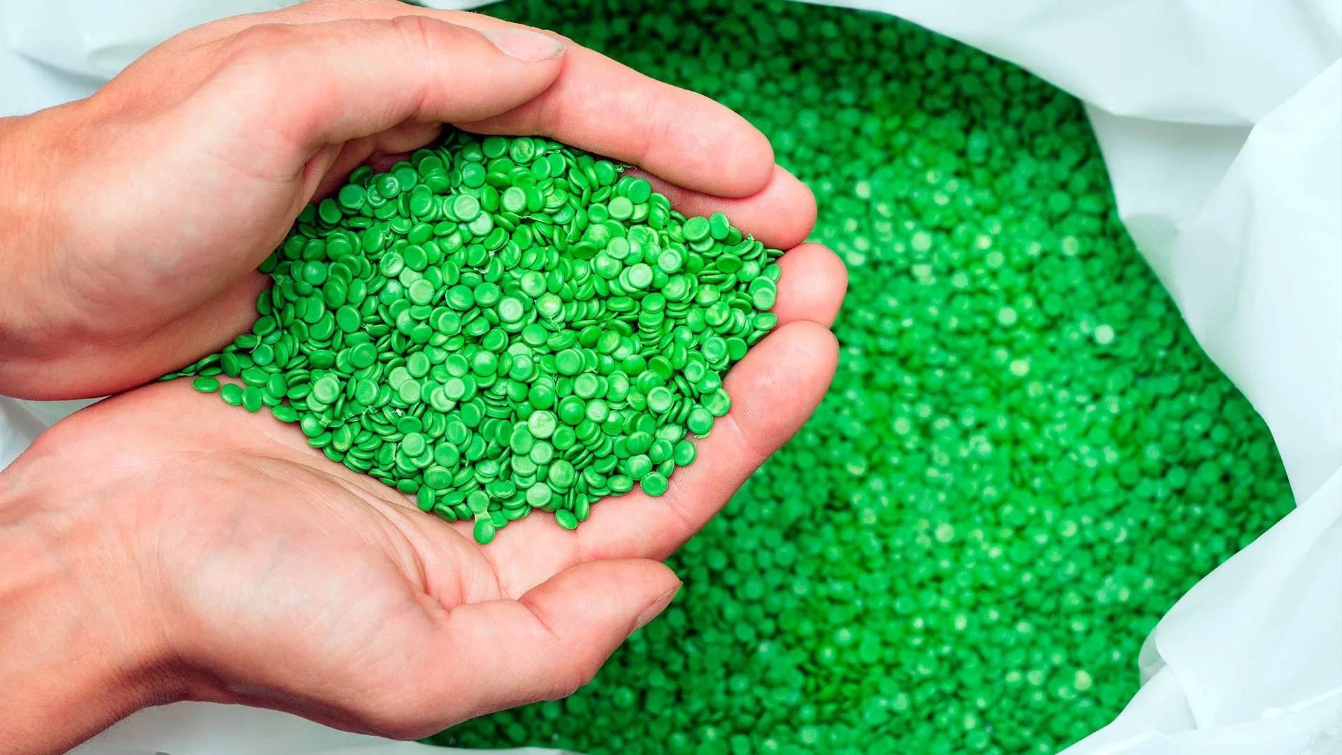 Manos tomando bioplástico de una bolsa