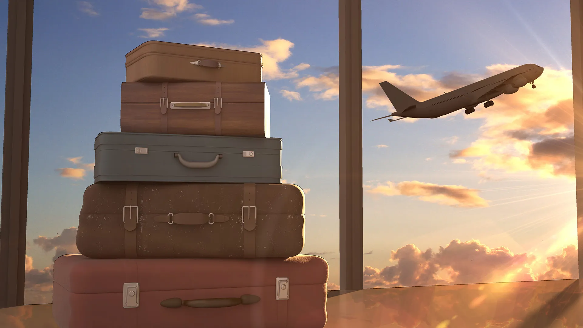 Maletas y avión despegando