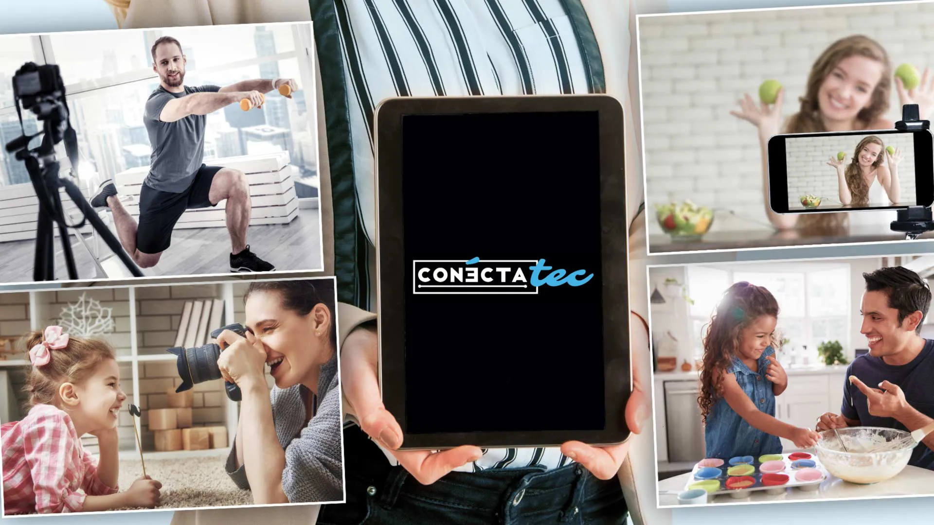 Varias fotos con personas realizando actividades en su casa como tomar fotos, transmitir en línea, haciendo ejercicio y cocinando