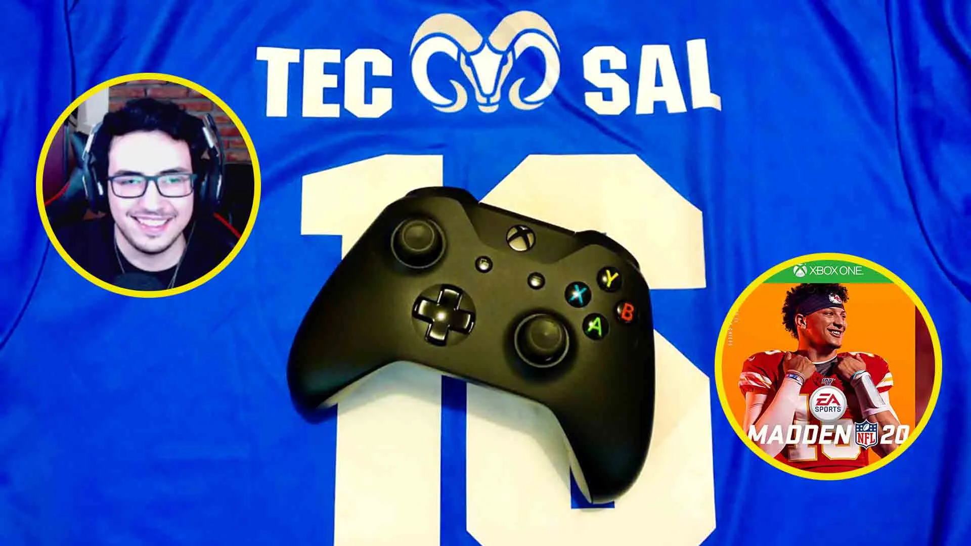 Alan Gloria con control de Xbox y jersey del Tec