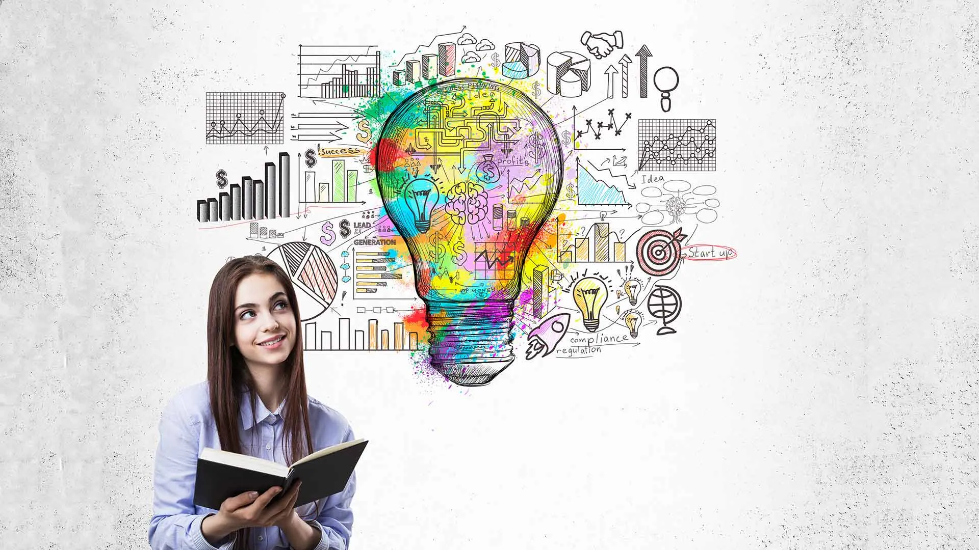 Joven con libro en mano rodeada de iconos que representan el emprendimiento