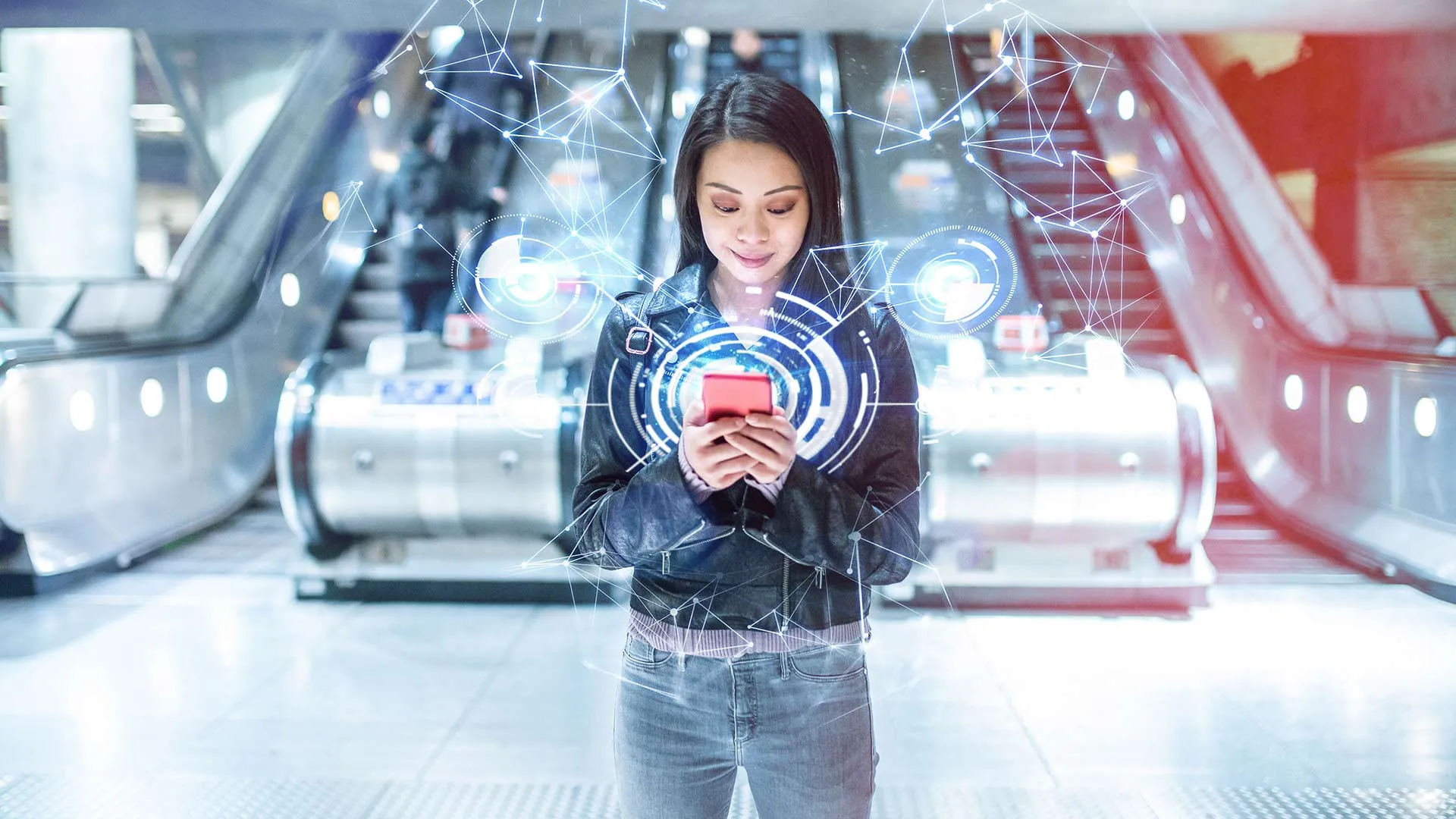 Chica con celular en mano, en la ilustración hay hologramas alrededor para representar la realidad aumentada