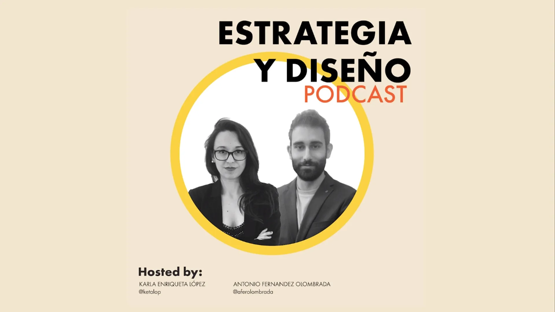 Portada del podcast: Estrategia y Diseño con la imagen de Karla López y Antonio Olombrada