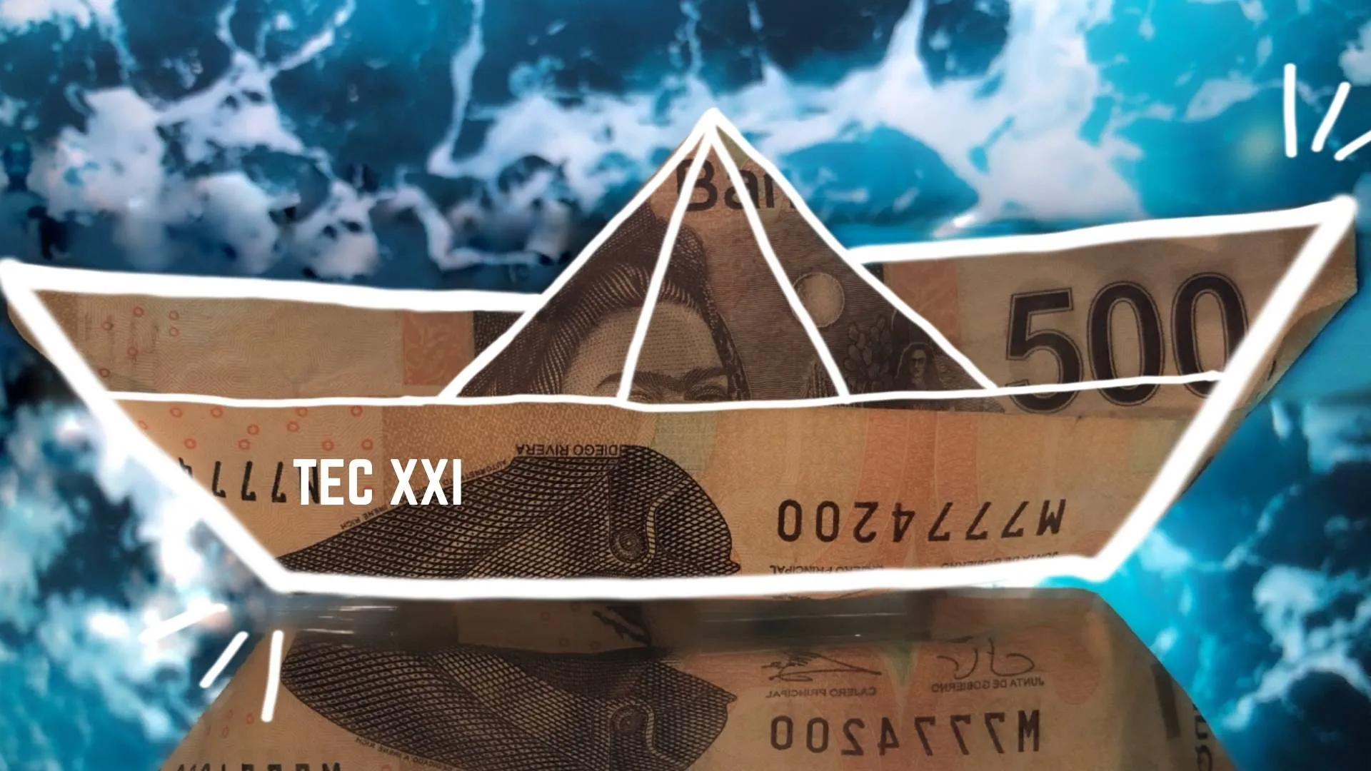 Barco de origami hecho con un billete de quinientos pesos en medio del océano con delineado digital blanco.