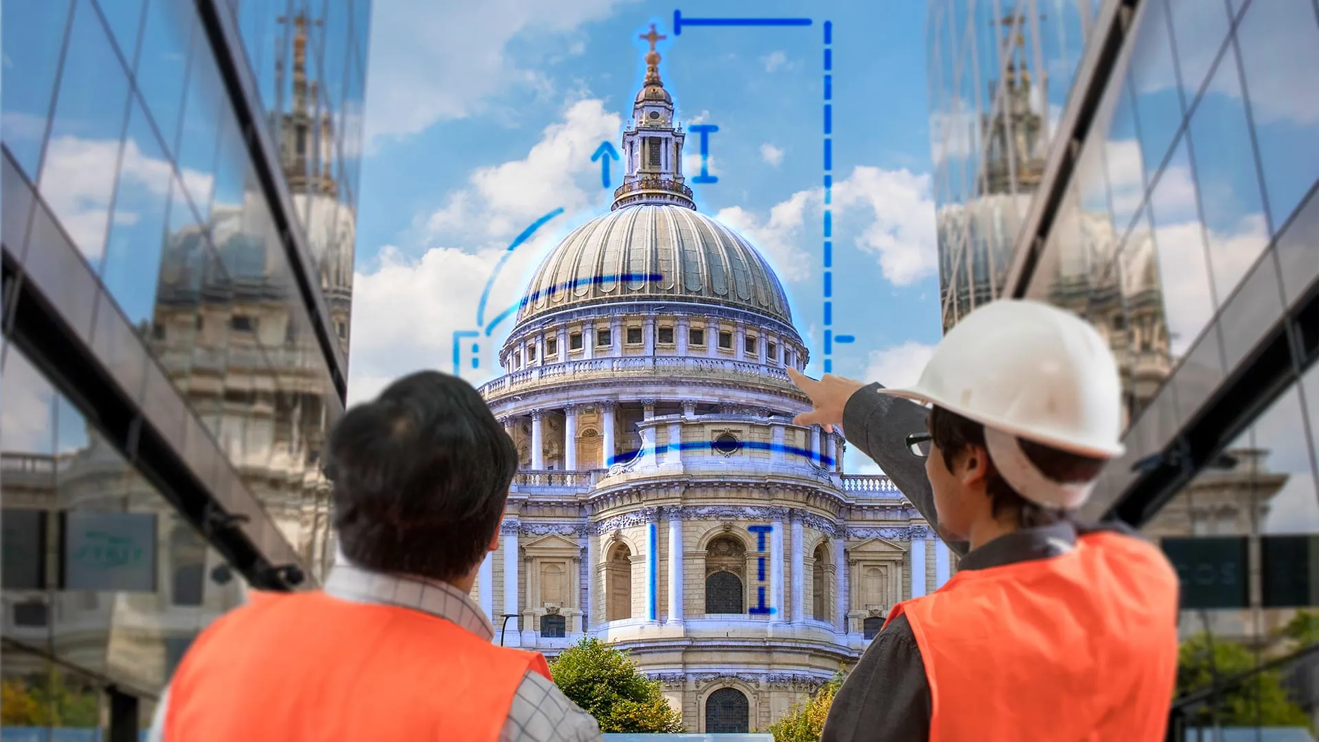 Dos hombres de espaldas indicando proporciones de una cúpula de manera virtual