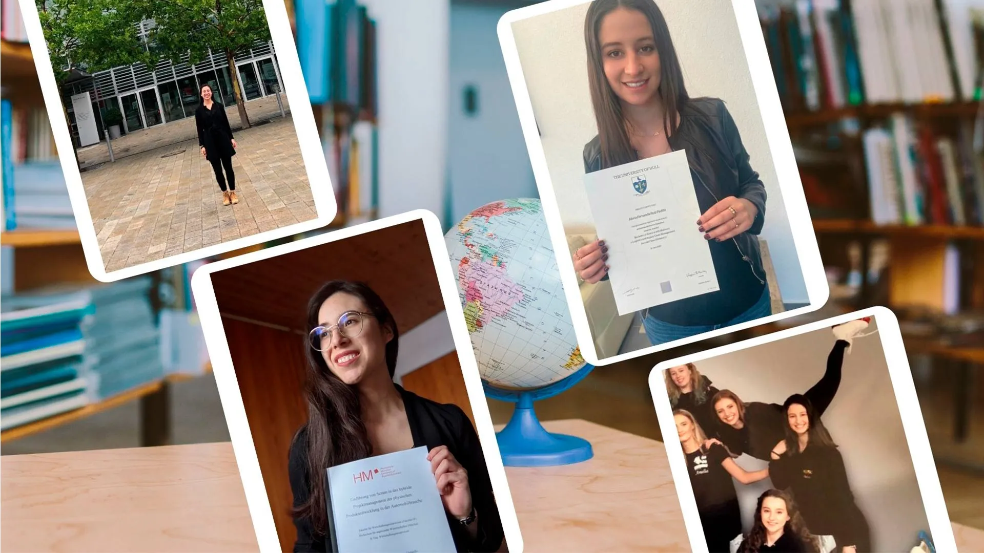 Collage de Karla y Fernanda con fotos de  sus títulos en manos y experiencias que vivieron.