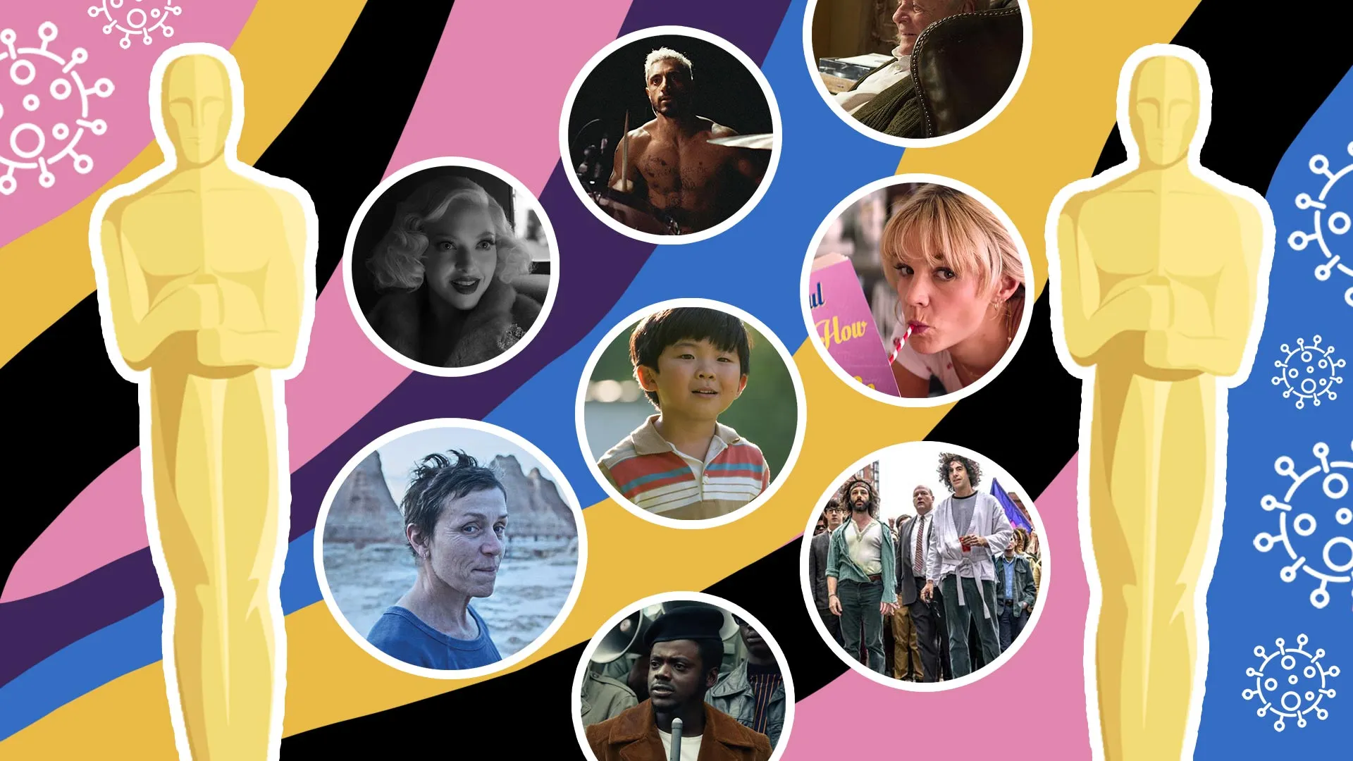Diseño gráfico con animaciones de los Oscares juntos a las 8 películas nominadas a mejor película. 