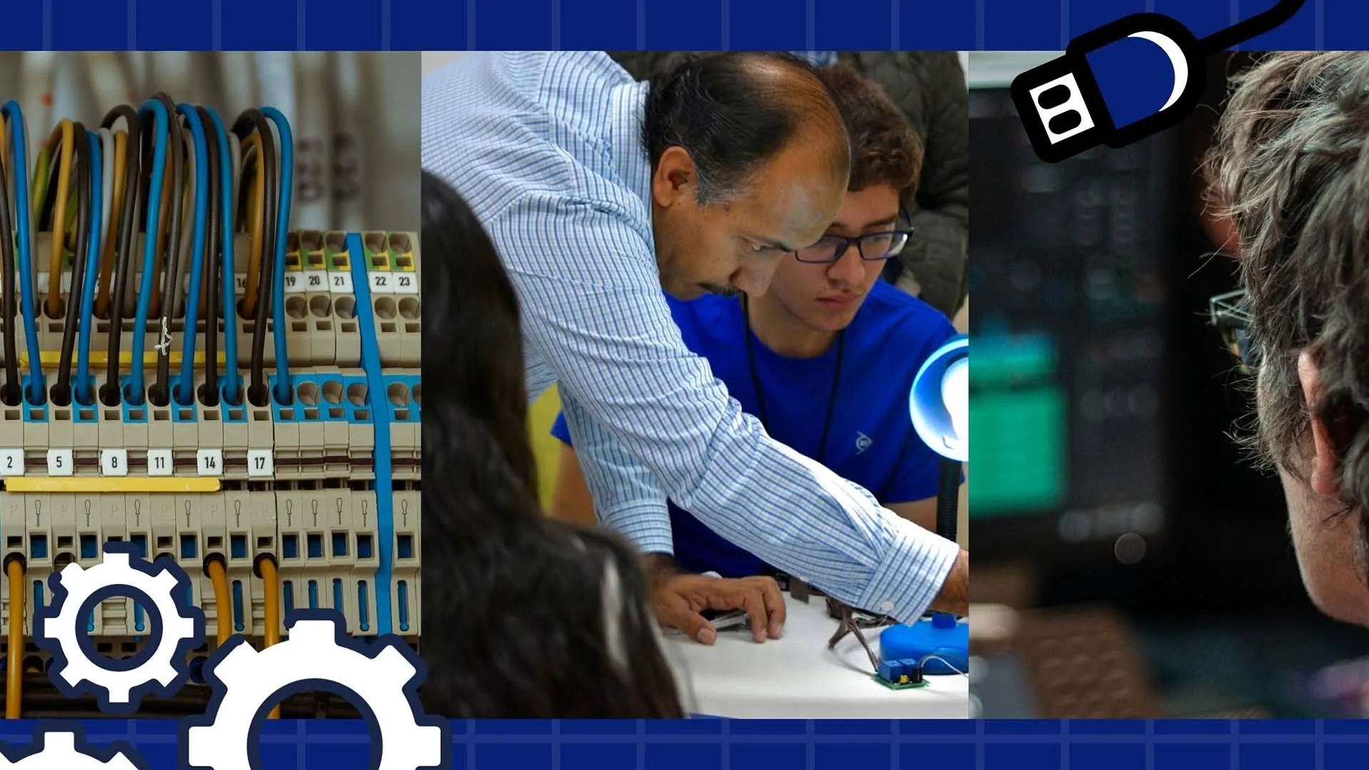 Equipo de ingeniería, profesor explicando y alumno trabajando desde casa