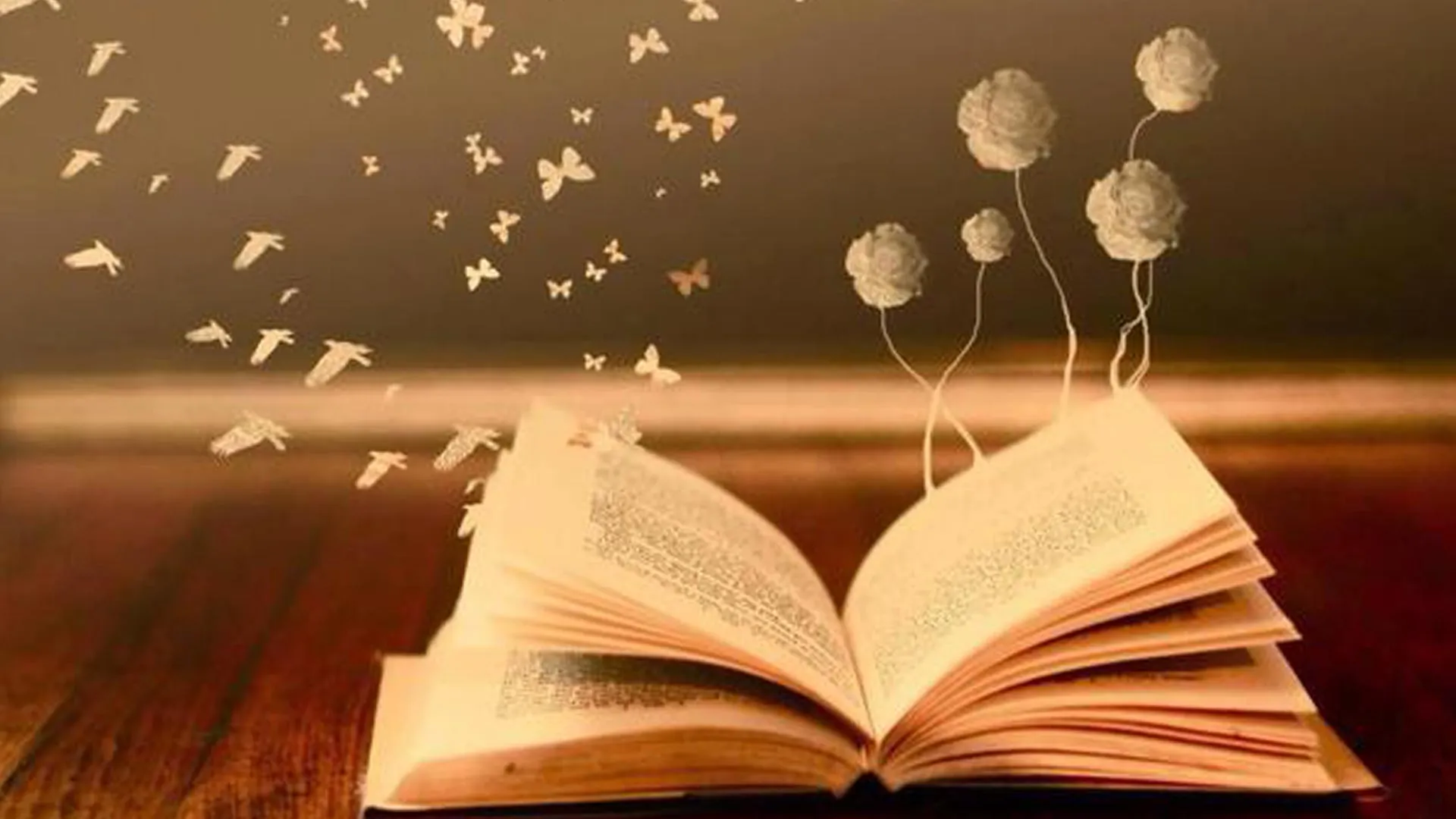 Libro abierto con palomas y flores de papel