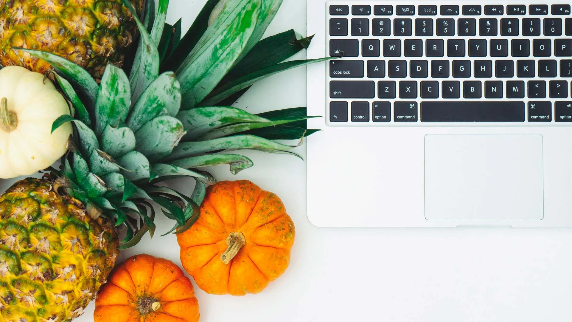 frutas a lado de una computadora portatil