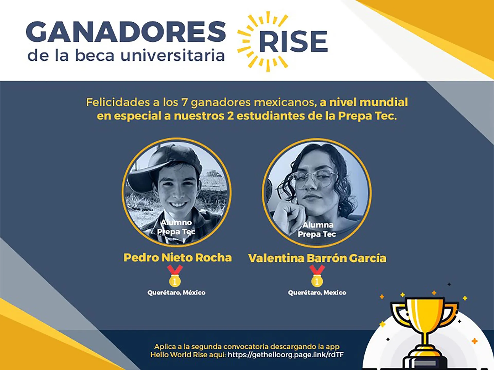 Los estudiantes Pedro Nieto y Valentina Barrón de PrepaTec Campus Querétaro, recibieron la Beca Rise 2021