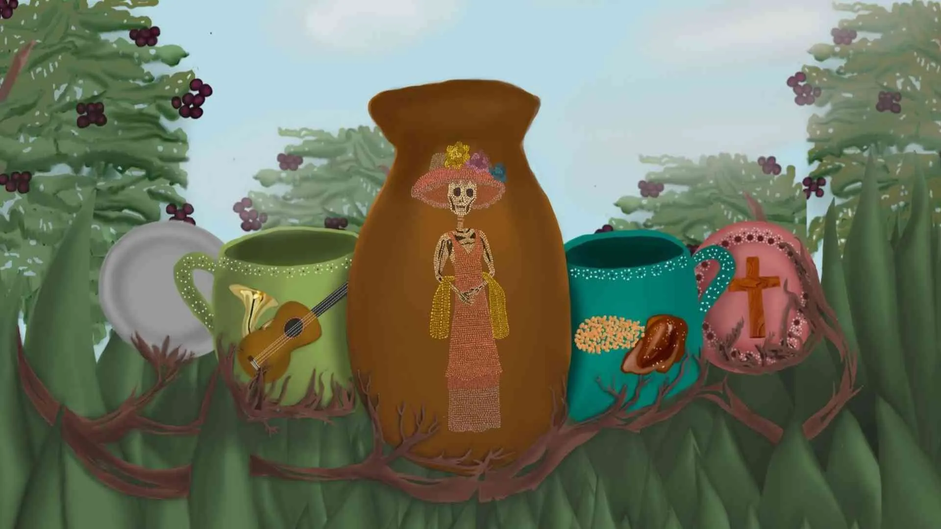 El mural ganador se enfocó en destacar cada aspecto importante de la tenencia de Capula, incluyendo las artesanías de barro, la música, la comida, la religión y la Catrina.