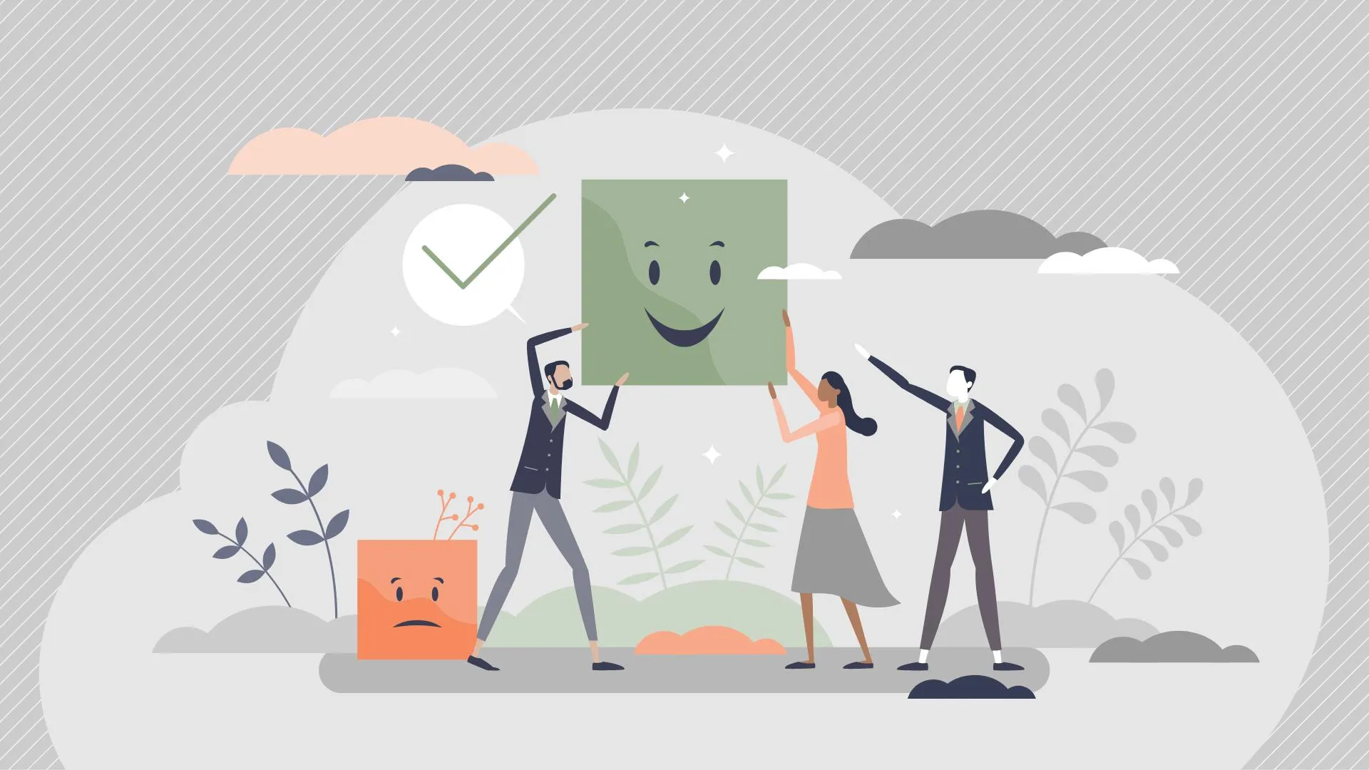 Concepto de elección de una vida feliz, con 3 ilustraciones de personas sosteniendo una figura con una sonrisa