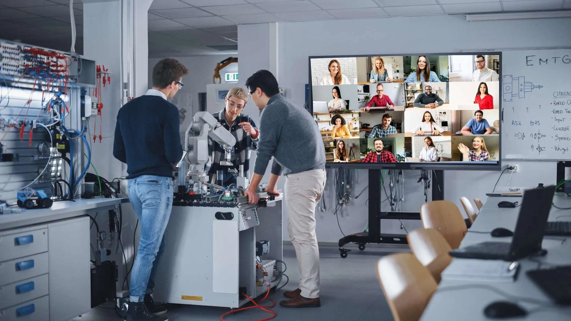 Laboratorio de clase de ingeniería, con 3 alumnos presenciales y diversos estudiantes en modalidad virtual que se visualizan en una gran pantalla al fondo, muestra del aprendizaje ciber-físico