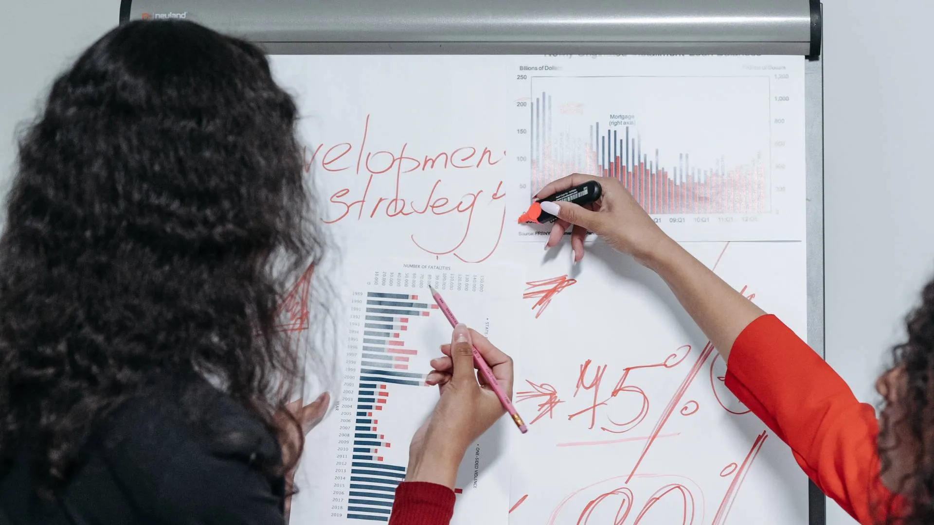 Mujer explicando una situación con diagramas