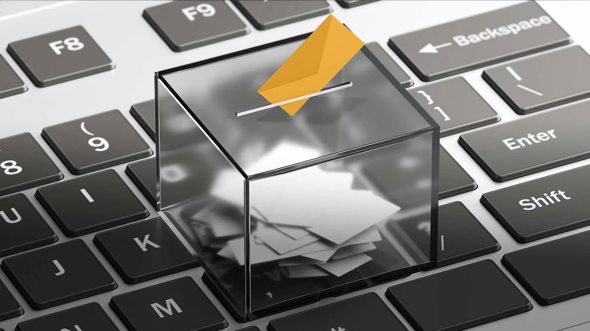 Urna-transparente-para-comicios-sobre-computadora-simulando-voto-electrónico