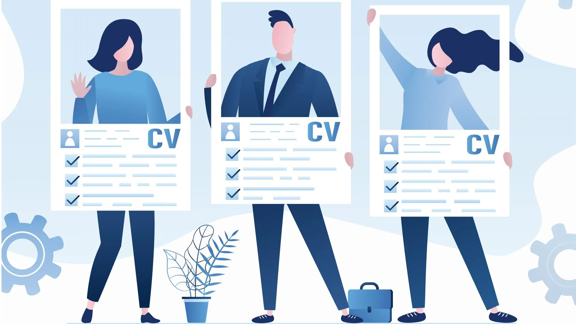 Ilustración de 2 chicas y un chico,  con su propio curriculum; especialistas del Tec de Monterrey comparten sus mejores tips de como lograr un cv de impacto