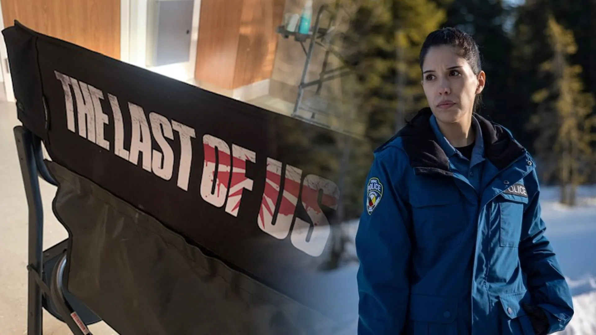 Mujer vestida de policía volteando hacia el lado izquierdo justo donde se encuentra un letrero de que dice "The Last of Us"