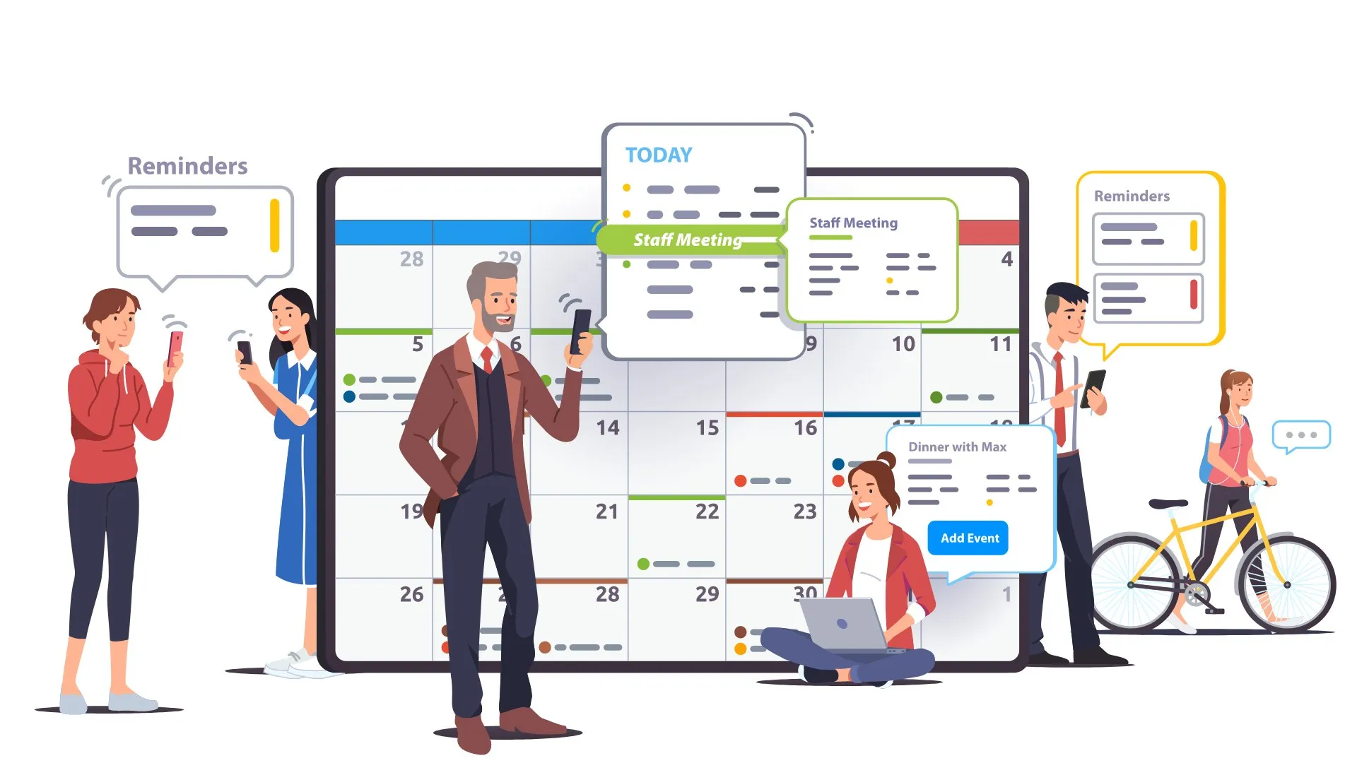 Ilustración con personas organizándose con calendarios en sus tablet y teléfonos celulares