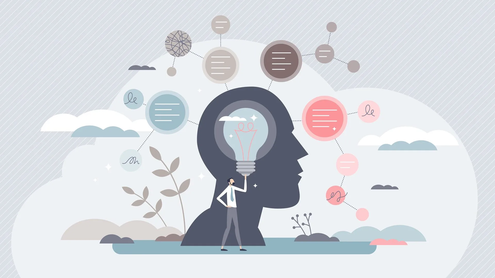 Ilustración de cerebro con ideas que salen a manera de mapa mental