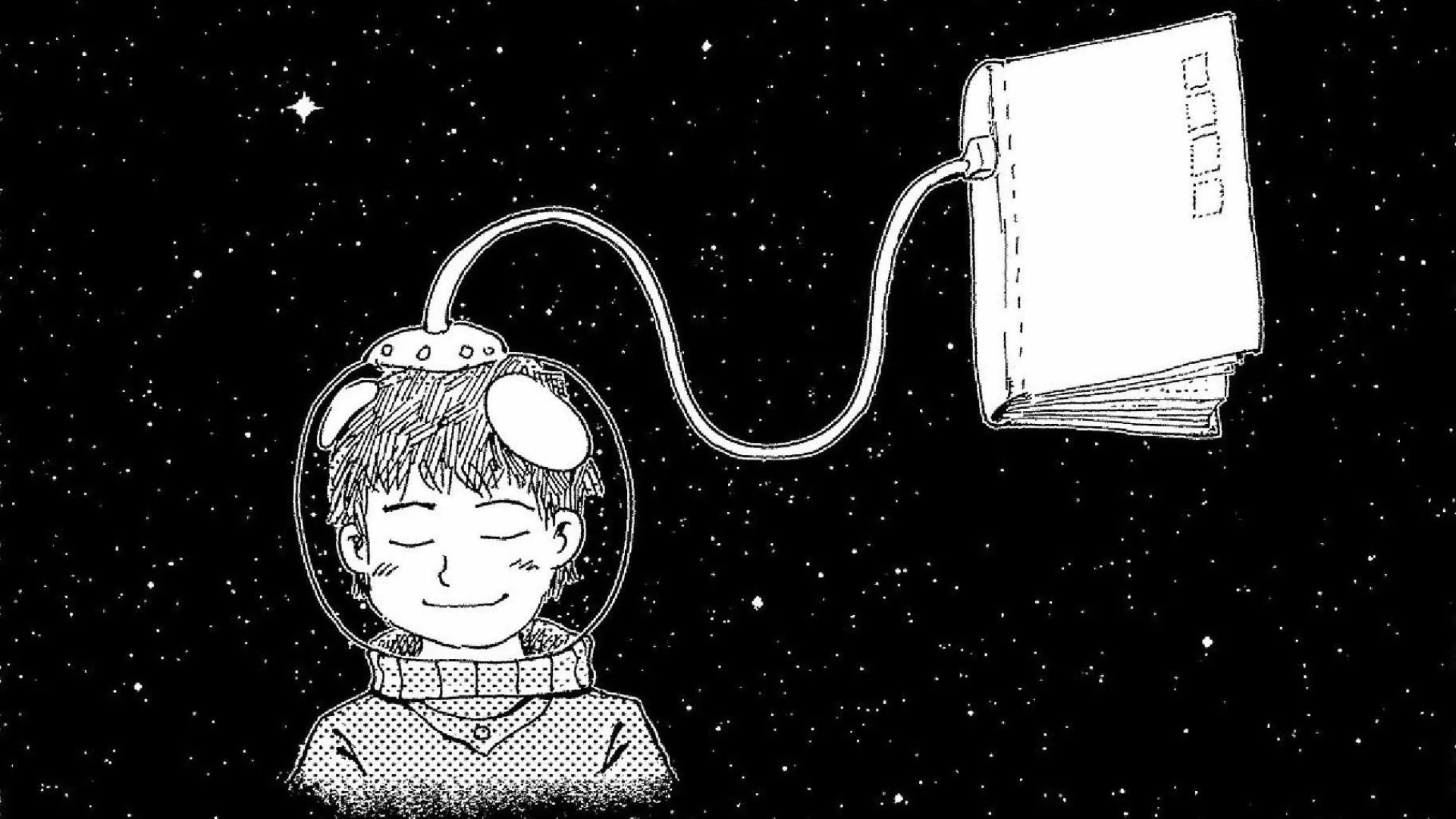 Niño imaginando ser astronauta con un libro