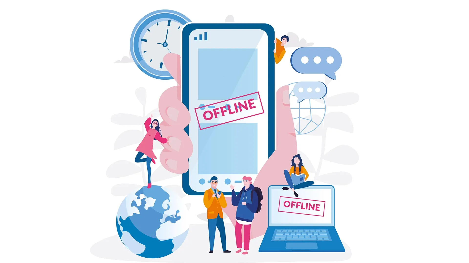 Ilustración donde sobresale una mano que sostiene un celular, con la frase Offline, para acentuar la necesidad de un detox digital