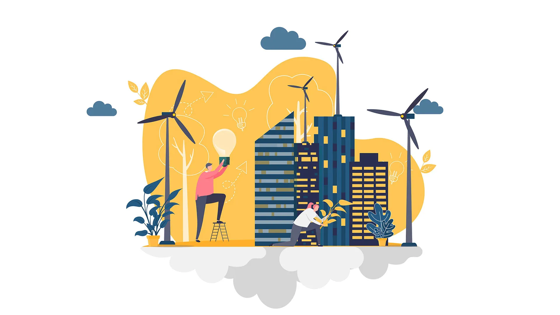 Ilustración de dos jóvenes en una ciudad sustentable, con uso de energía eólica