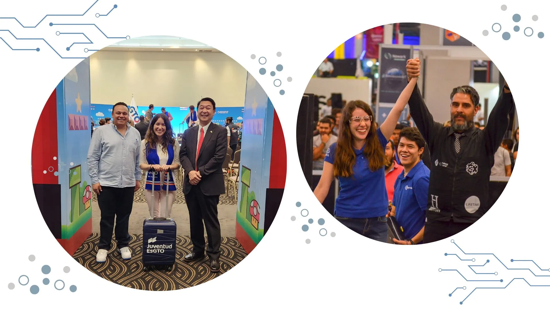 Adriana en ceremonia de la convocatoria y en un torneo de robótica