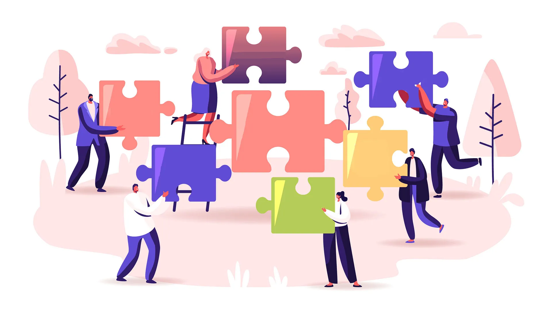 Ilustración de jóvenes sosteniendo cada uno una pieza de rompecabezas, como símbolo de construcción de un proyecto en conjunto
