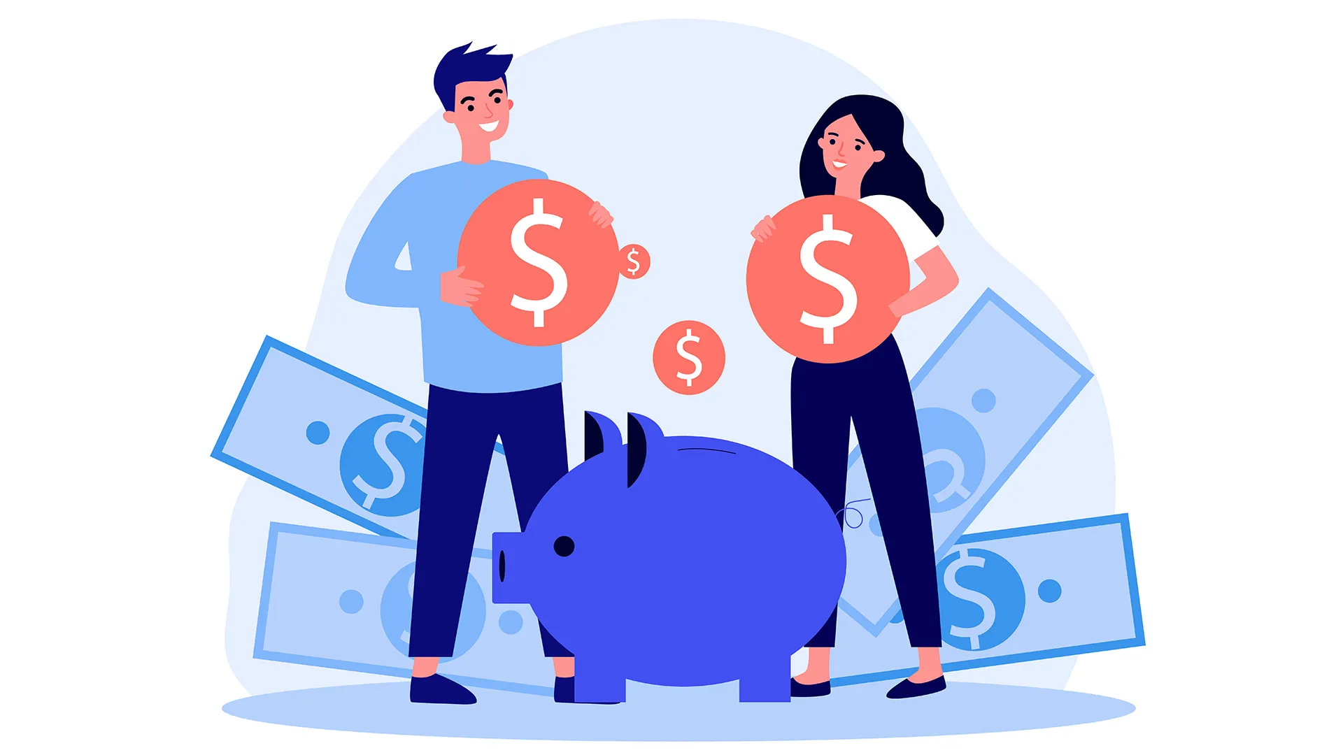 Ilustración de un chico y una chica, con billetes alrededor y una alcancía, para conceptualizar la independencia financiera