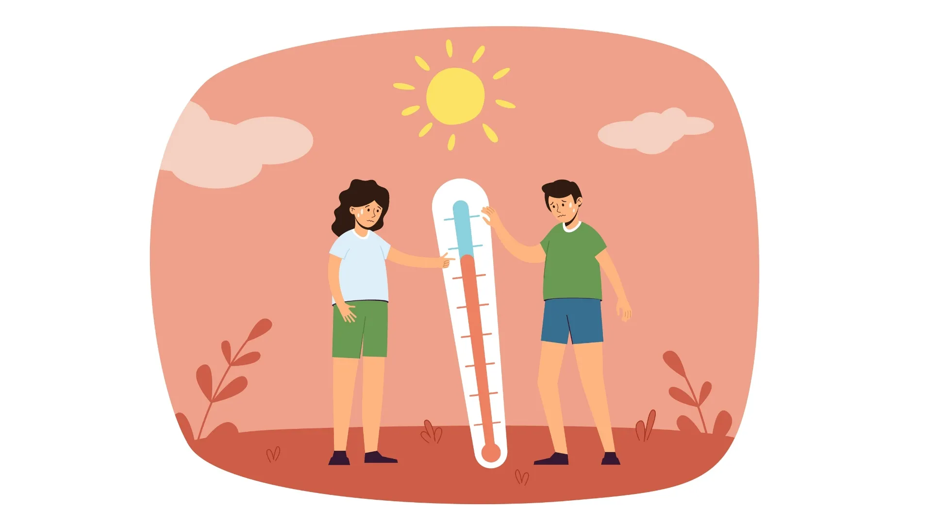 Ilustración de dos jóvenes bajo el sol, con un termómetro que da referencia a una alta temperatura
