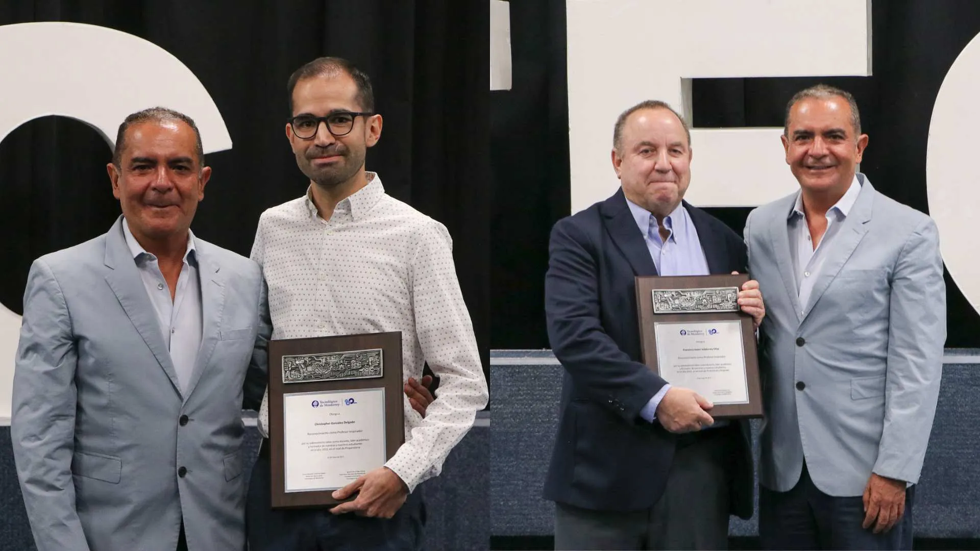 Profesores Christopher González y Francisco Valderrey recibiendo el premio en el Tec campus León