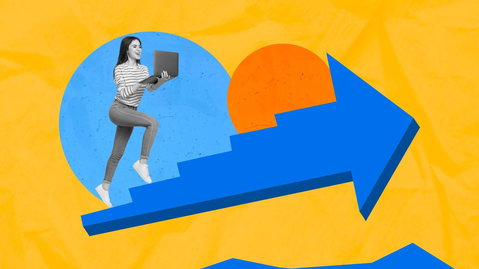 Collage de mujer joven con computadora en mano, subiendo escaleras que están ilustradas