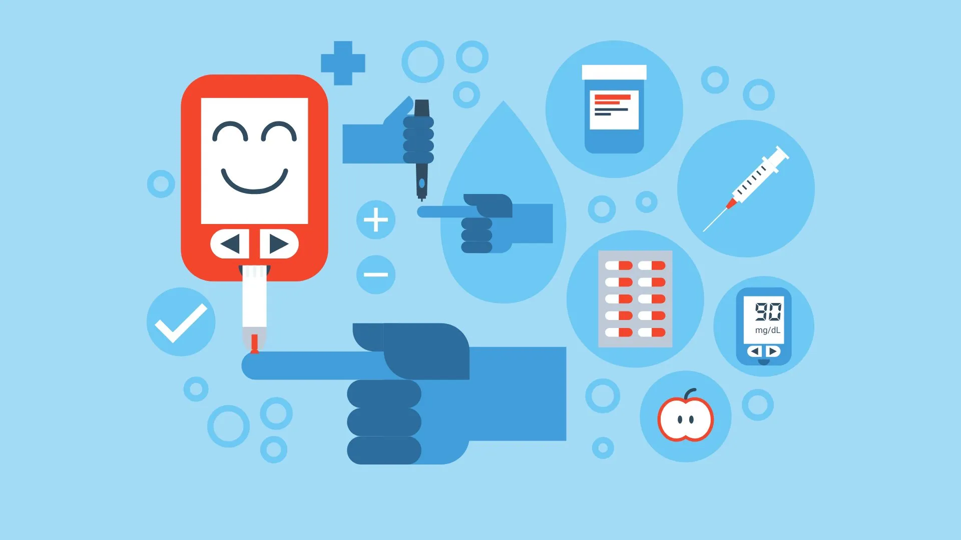 Ilustración con elementos relacionados al cuidado de pacientes con diabetes, como glucómetro, medicamento e insulina