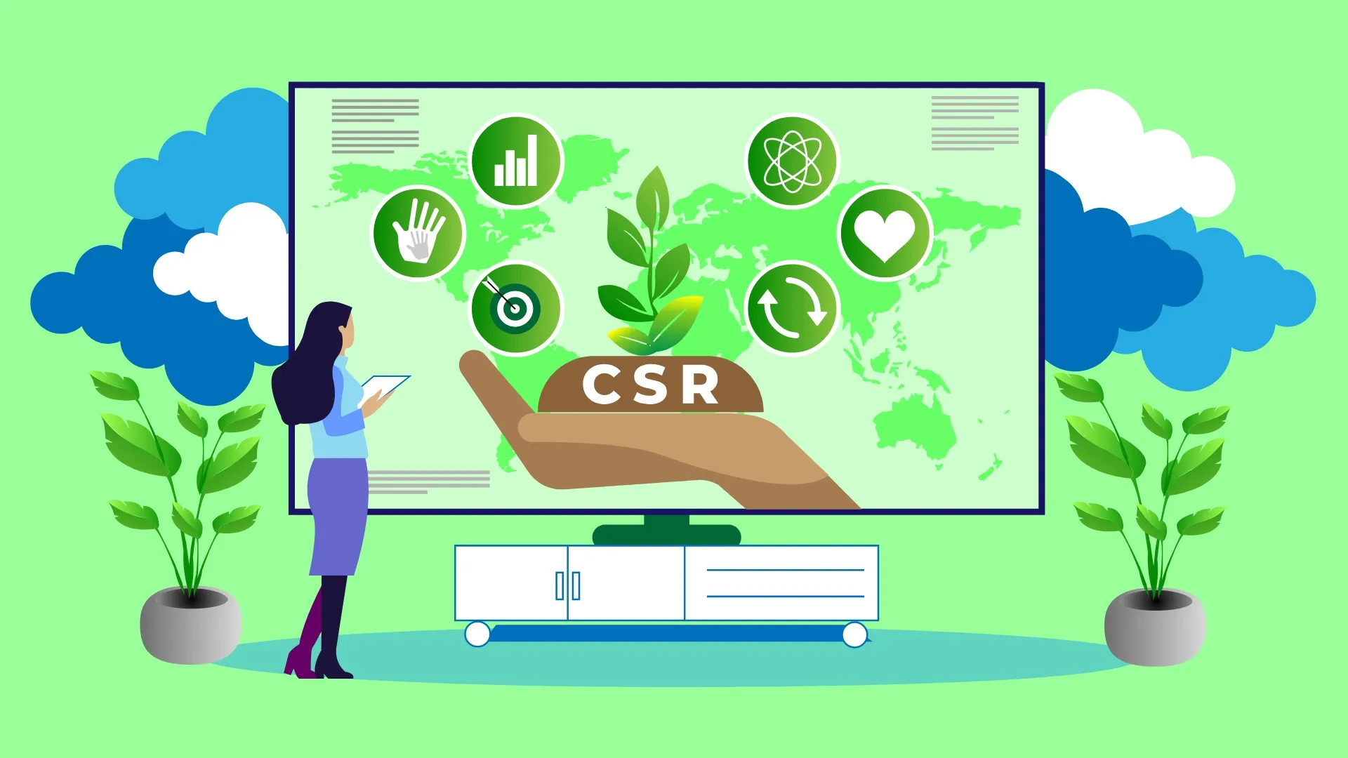 Ilustración que muestra iconos de conceptos que se relacionan con una empresa consciente: cuidado del ambiente, responsabilidad con los colabradores, entre otros