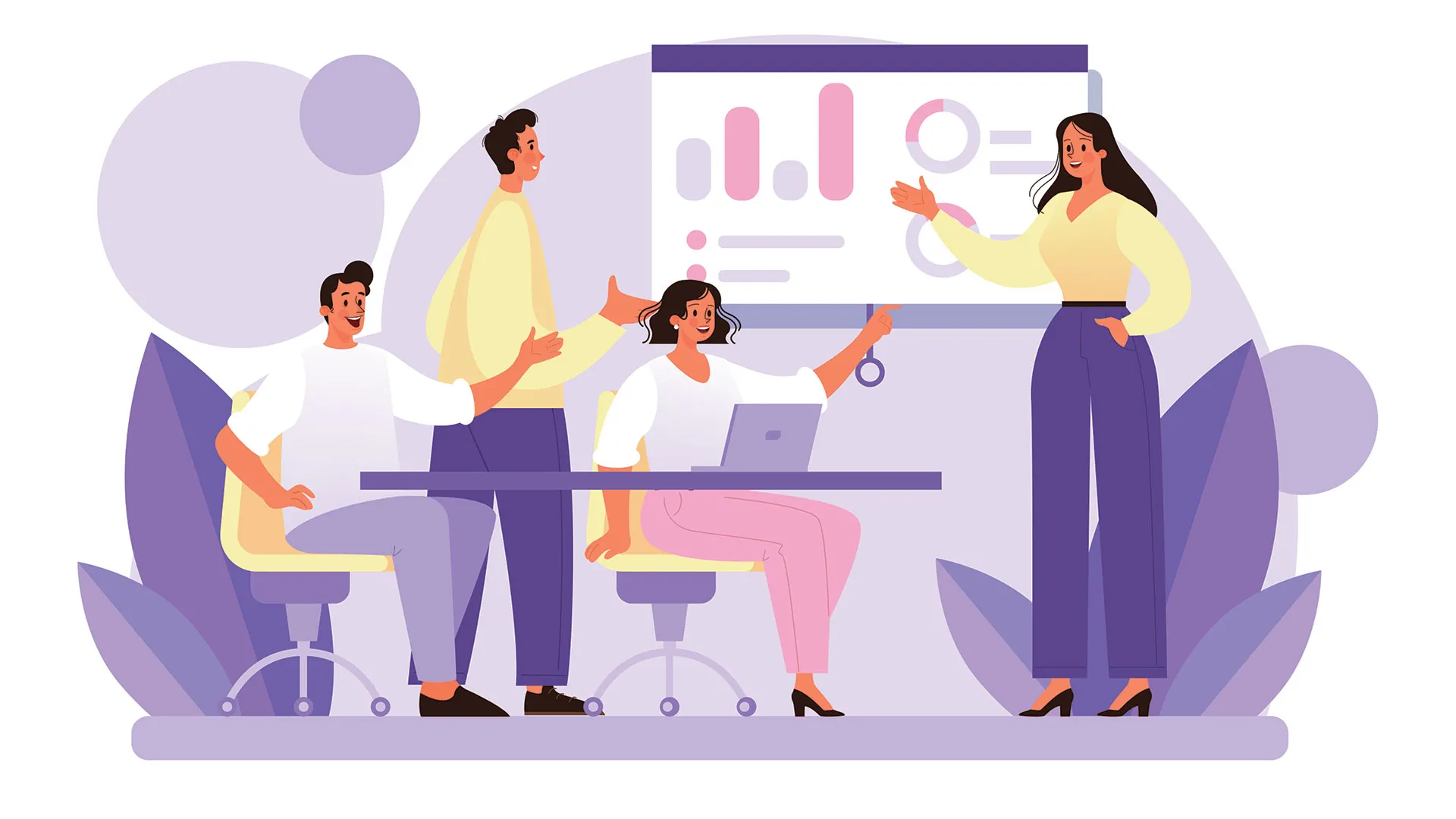 Ilustración de profesora mentoreando alumnos en el aula de clases