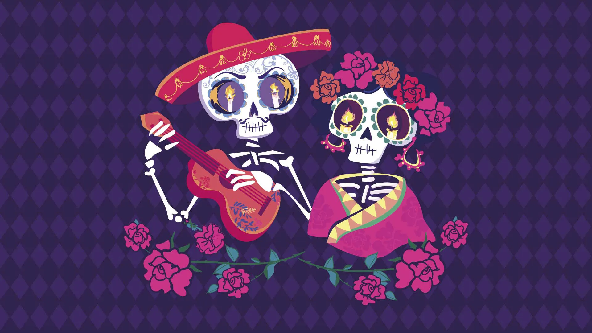 Animación de dos calaveras con vestimenta alusiva al Día de Muertos.