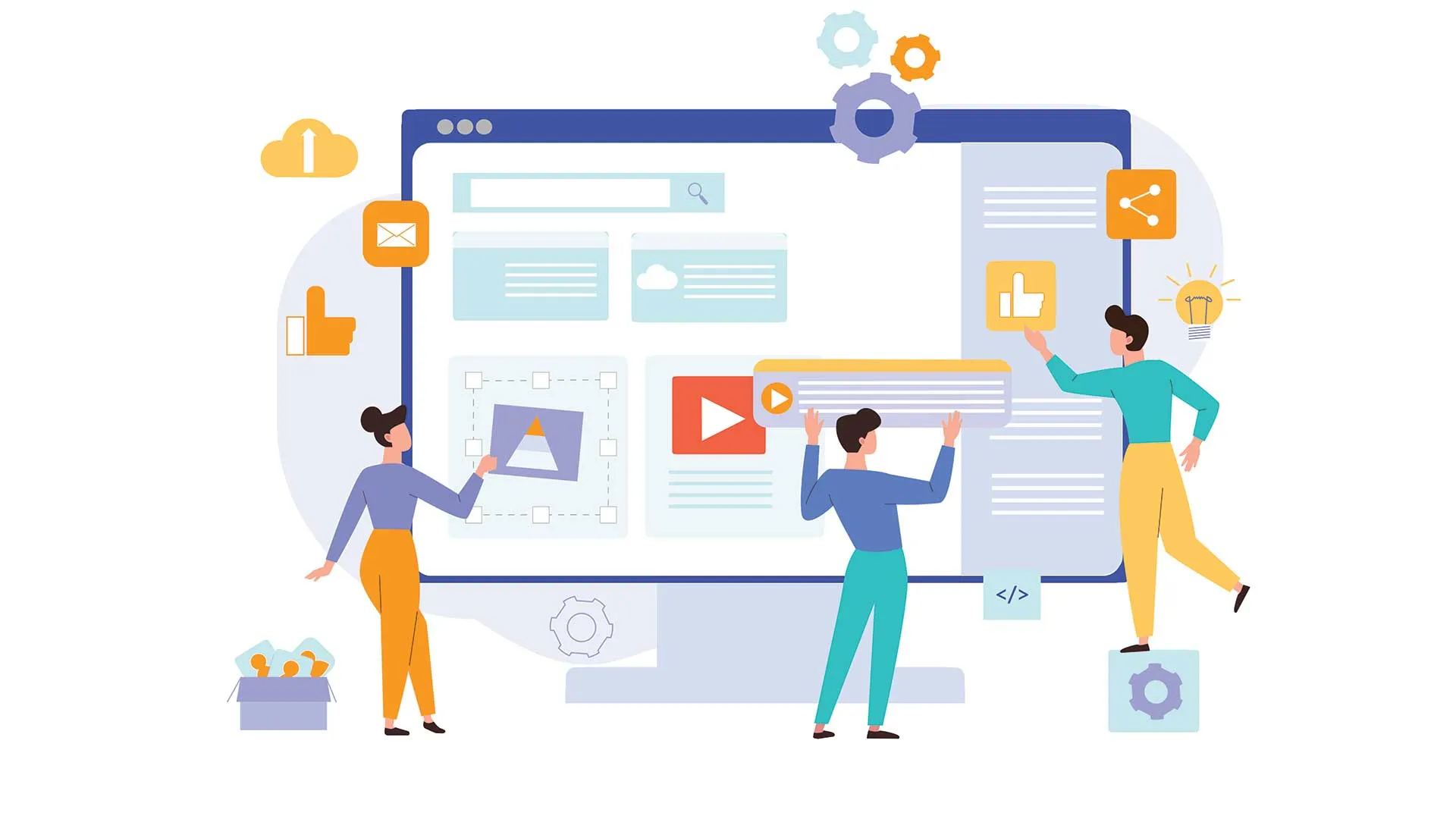 Ilustración con 3 jóvenes trabajando en ideas sobre la pantalla de una computadora