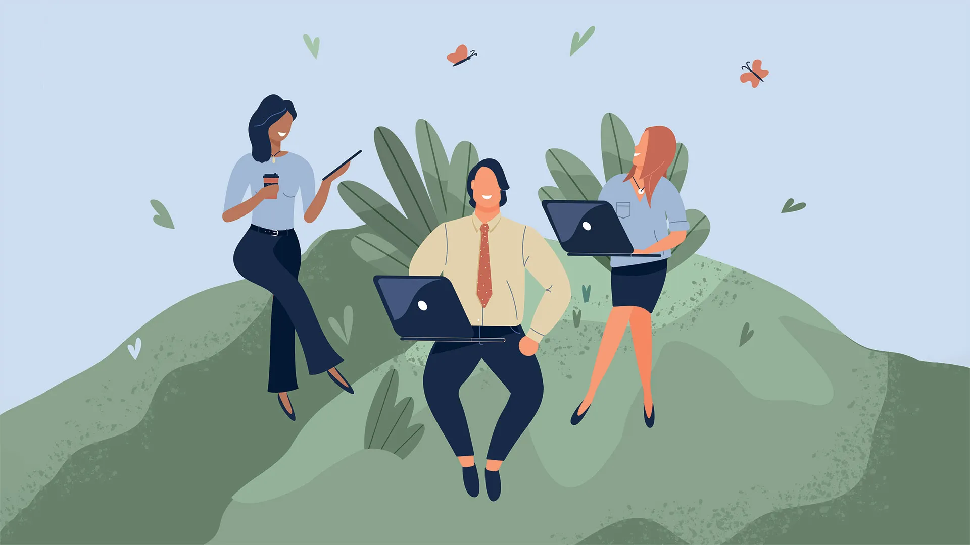 Ilustración conceptual de bienestar en el trabajo, que muestra a dos chicas y un chico trabajando, sentados en un paisaje verde