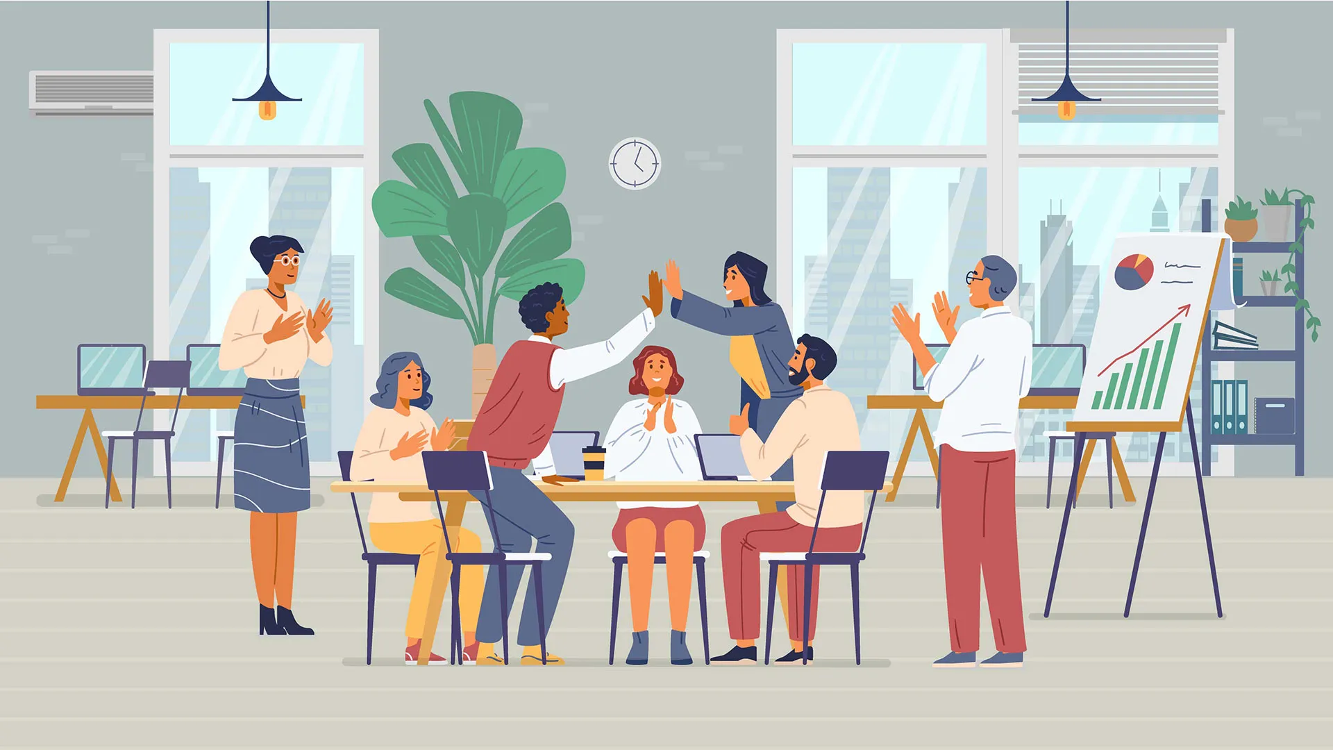 Ilustración de equipo en una oficina, con actitud positiva, reafirmando la parte de bienestar laboral