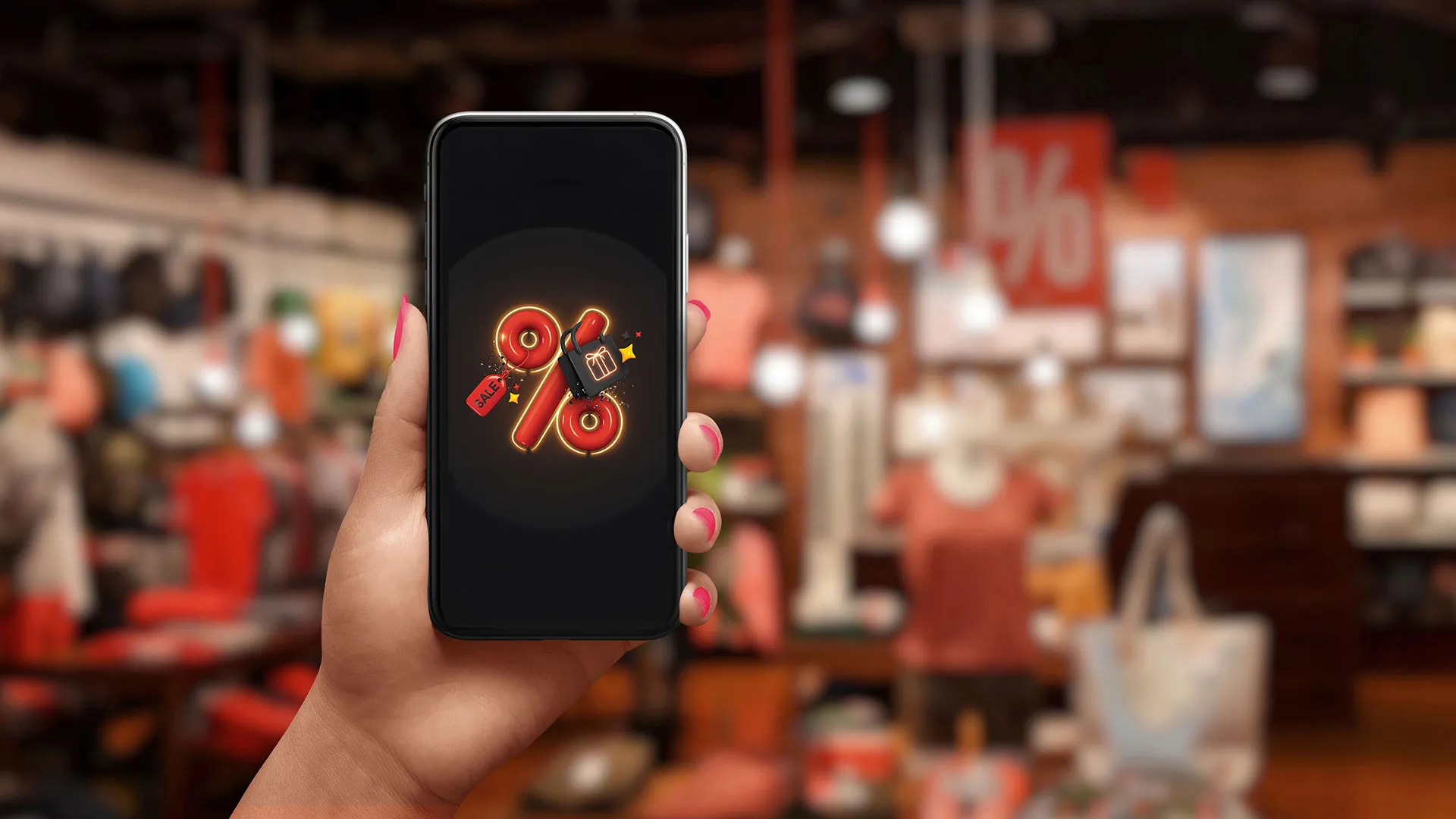 Tienda departamental al fondo de la imagen. En primer plano se observa una mano sosteniendo un celular, el cual refleja un signo de descuento