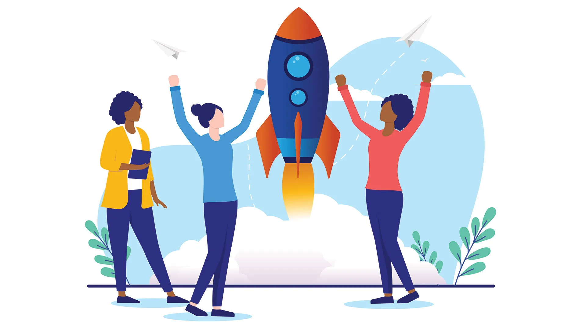 Ilustración con 3 mujeres rodeando un cohete, para simbolizar el impulso a una startup