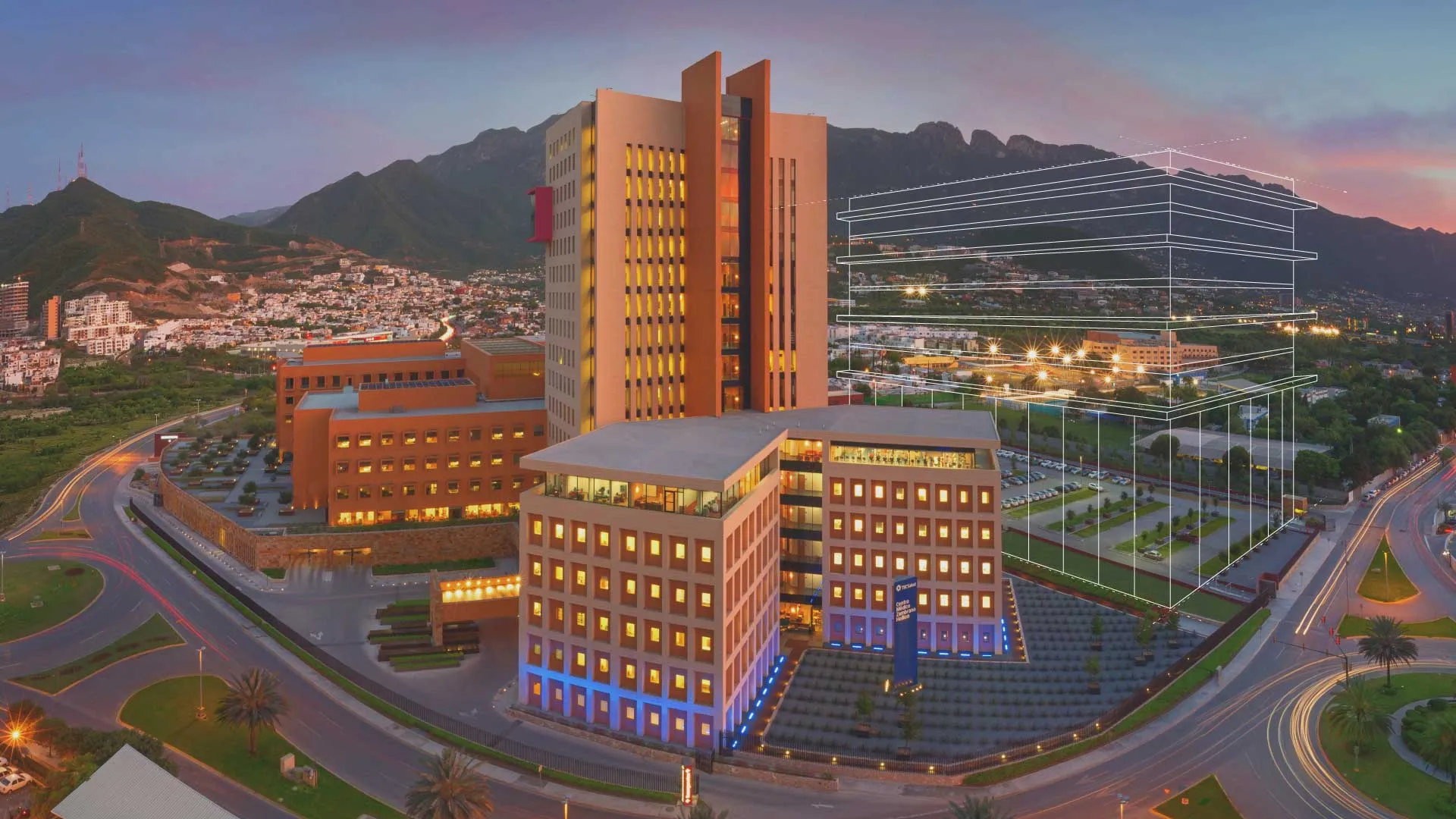 Ilustración del Hospital Zambrano Hellion, junto con el delineado el nuevo edificio Campus de la Salud