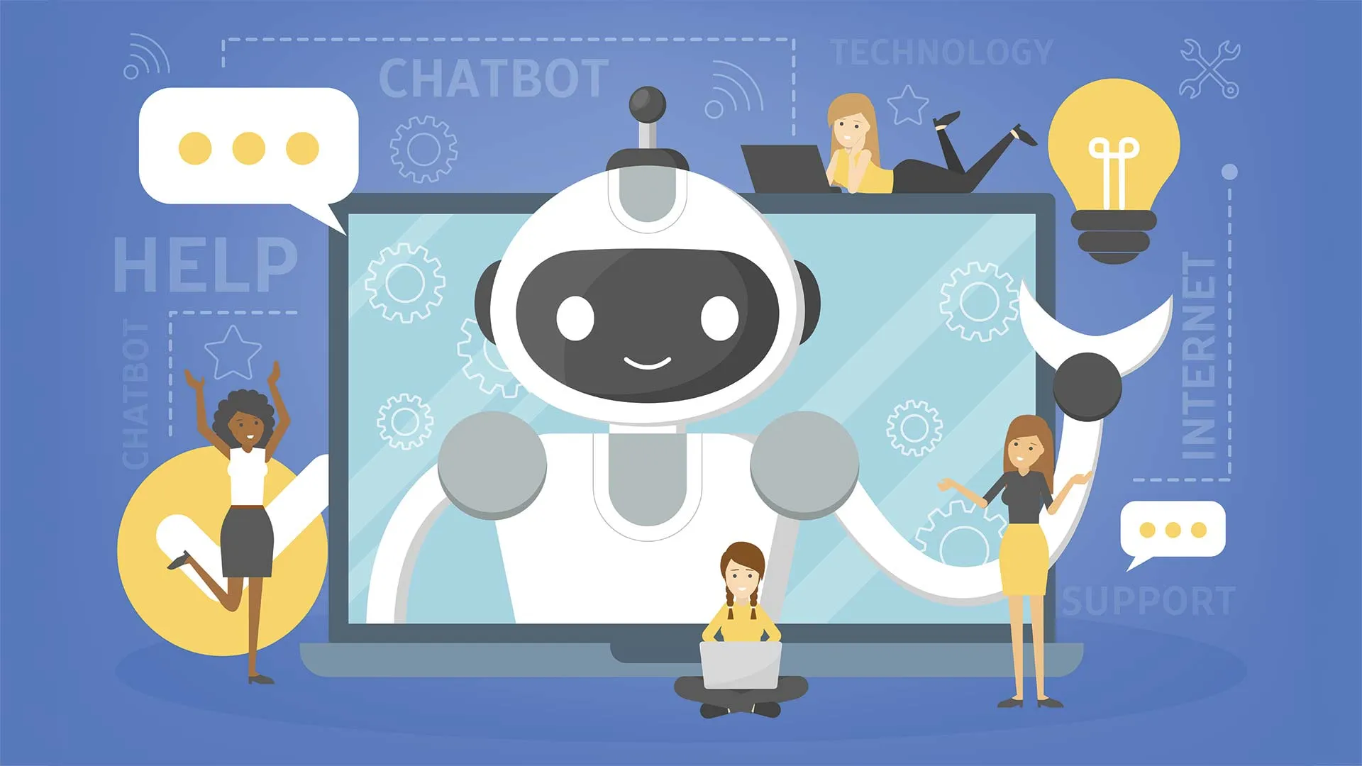 Ilustración de robot en computadora que conceptualiza la inteligencia artificial, con jóvenes estudiantes a su alrededor