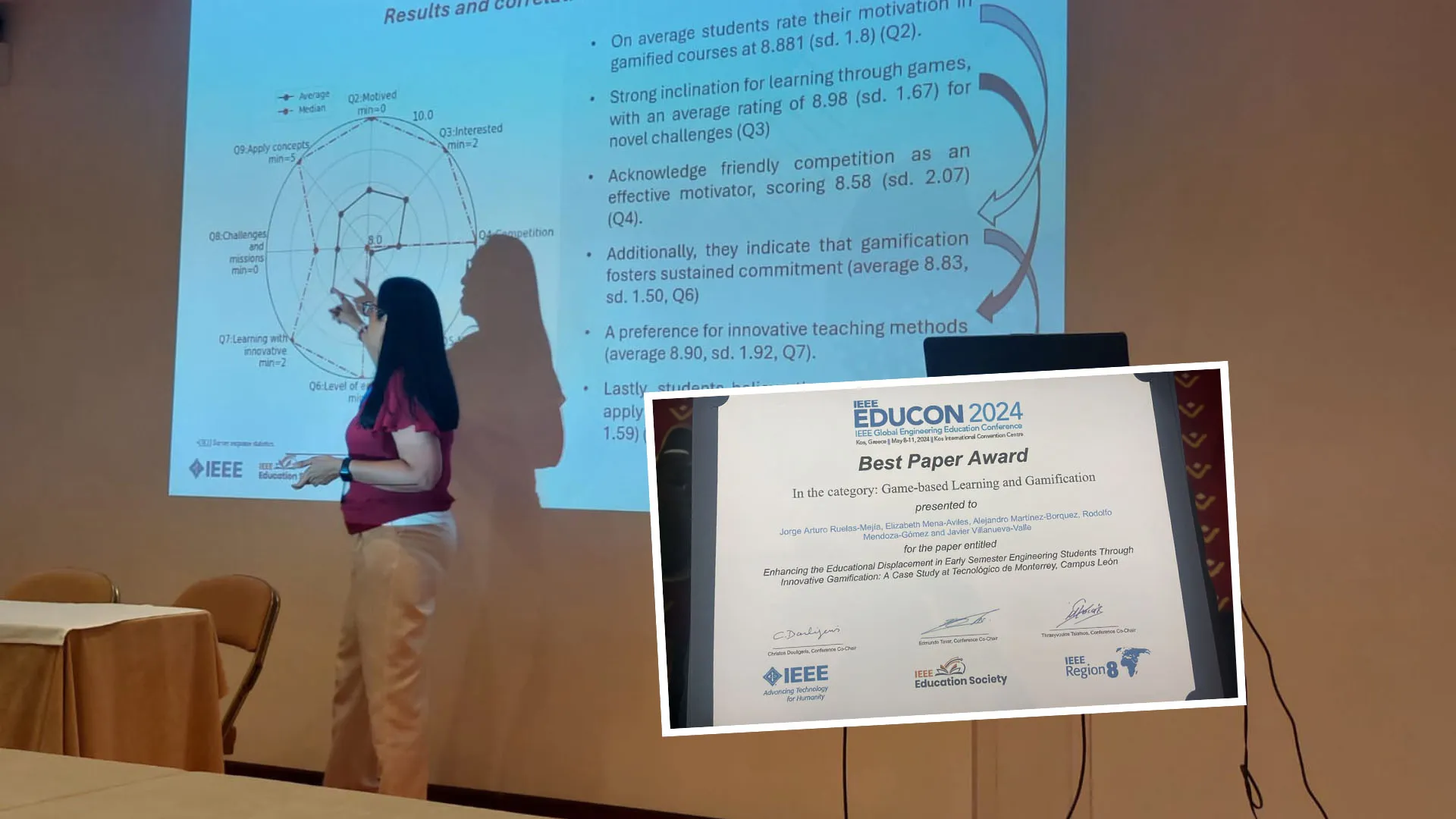 Elizabeth Mena presentando su investigación en Grecia