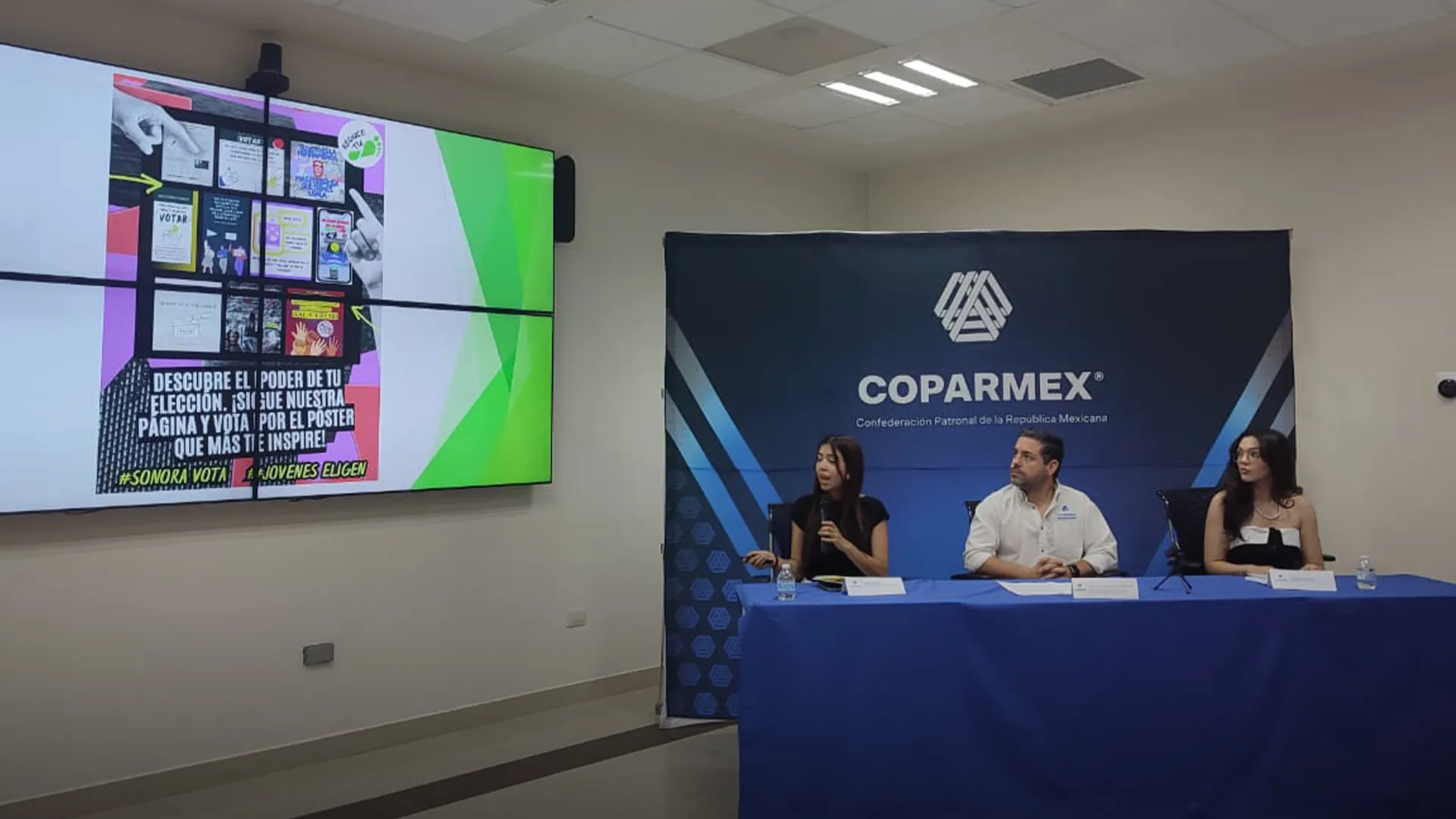 Carol Ocejo y Ximena Avilez presentan su campaña “Sonora, Vota, Los Jóvenes Elijen” con Eduardo Lemmen Mayer como representante de COPARMEX. Foto: Cortesía de Alejandra Montaño
