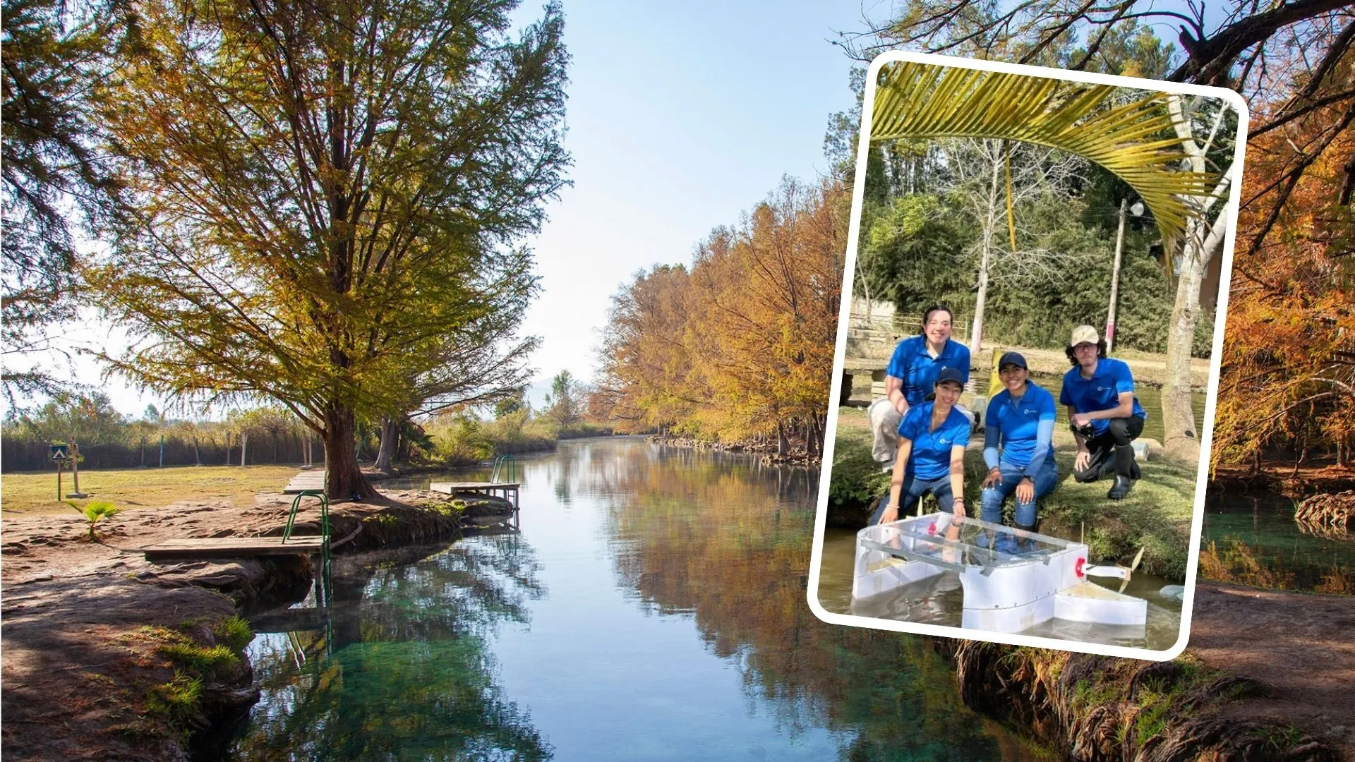Vista de un río de México. En un recuadro aparte, el equipo de Bluekali, emprendimiento que limpia ríos con un robot que simula la figura de un tiburón ballena