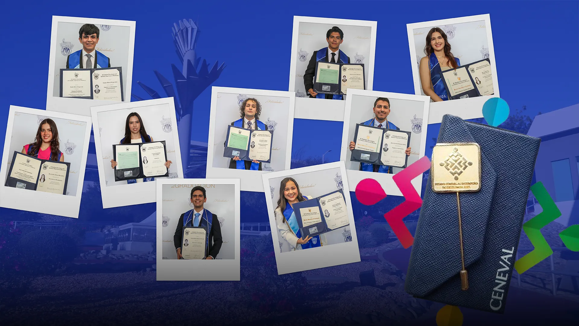 Fotos de los 9 ganadores al premio nacional ceneval sobre fondo del campus Sonora Norte.